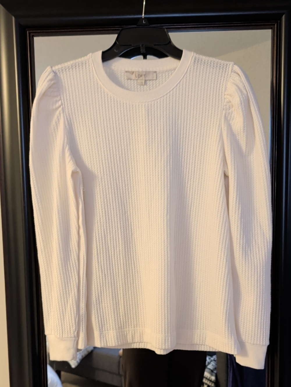 LOFT Cream Waffle-Knit Long Sleeve Top with Puff Shoulders